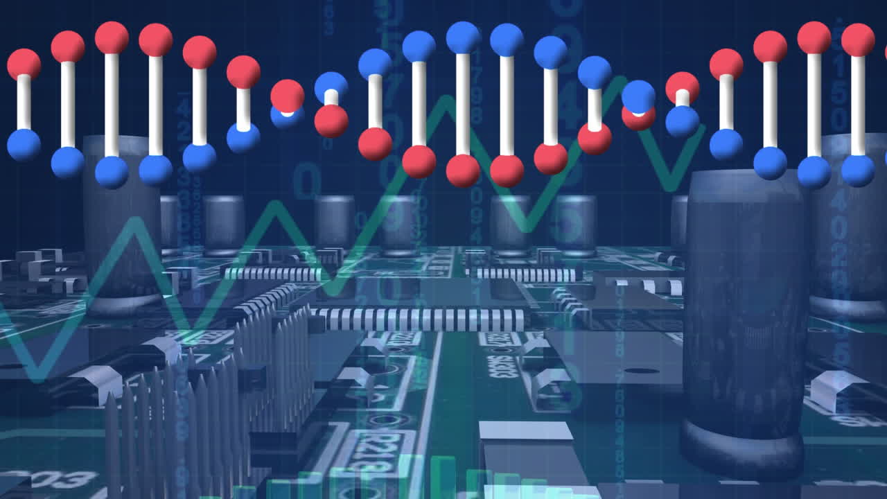 Animation of dna strand and medical data processing over computer circuitboard