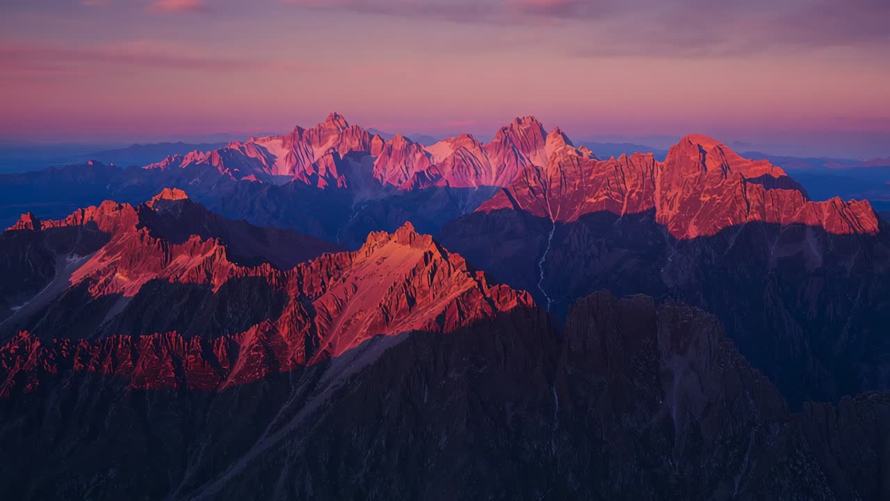 Dawn breaking over horizon casting light on mountain peaks at high alpine pass, tinting clouds