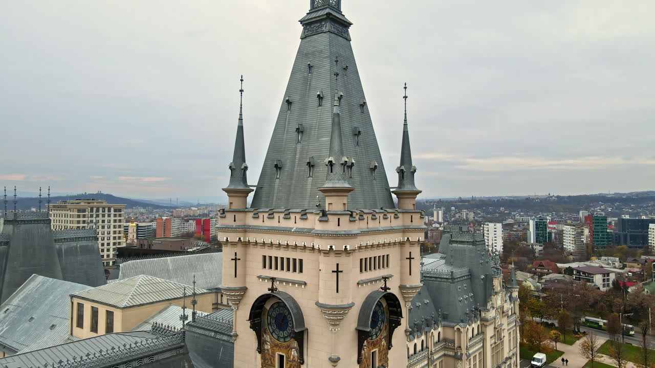 Aerial drone view of central buildings in Iasi, Romania. Square in front of it