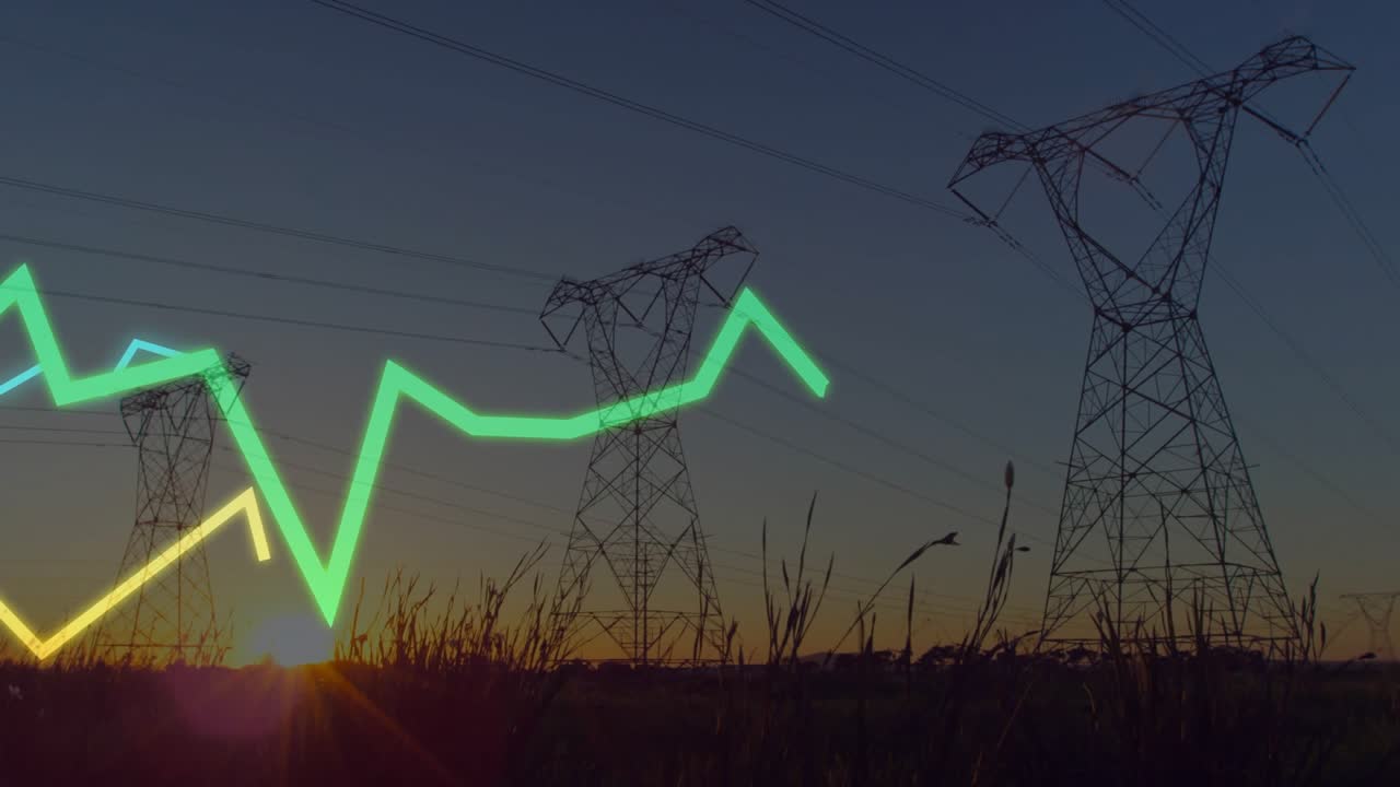 Nascer do sol impulsionando linhas verde-neon, amarelas, ciano oscilando em torno de torres de aço formando gráfico