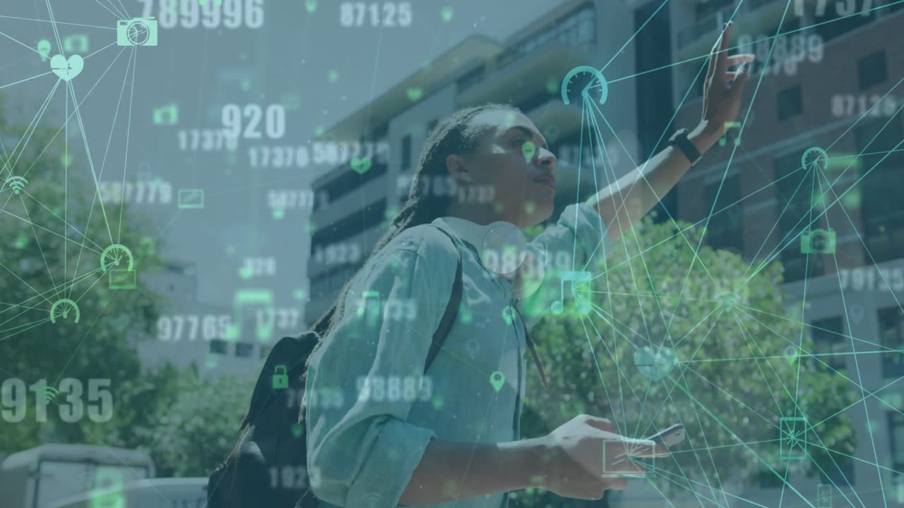Animation of globe of digital icons over man using smartphone and hailing a taxi on street