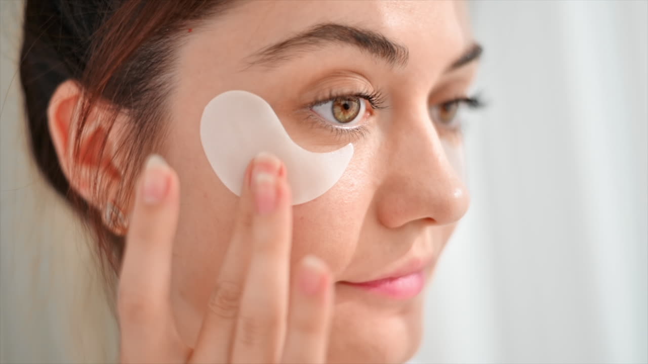 Woman applying eye patch for skincare