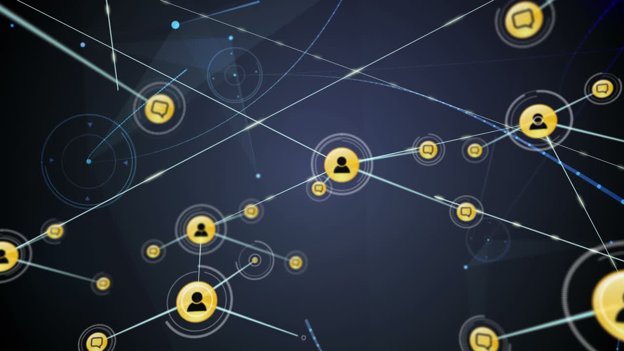 Animation of networks of connections with icons on black background