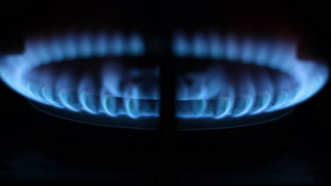 Zoomed Video of Blue Flame of Gas Stove on Dark . A kitchen gas stove with a blue flame. Zoomed video of blue flame of gas stove on dark