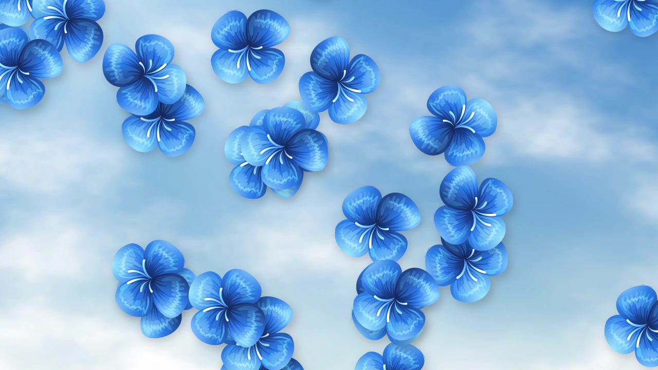 Fiori blu animati scendono delicatamente attraverso un cielo luminoso e soleggiato con nuvole soffici.