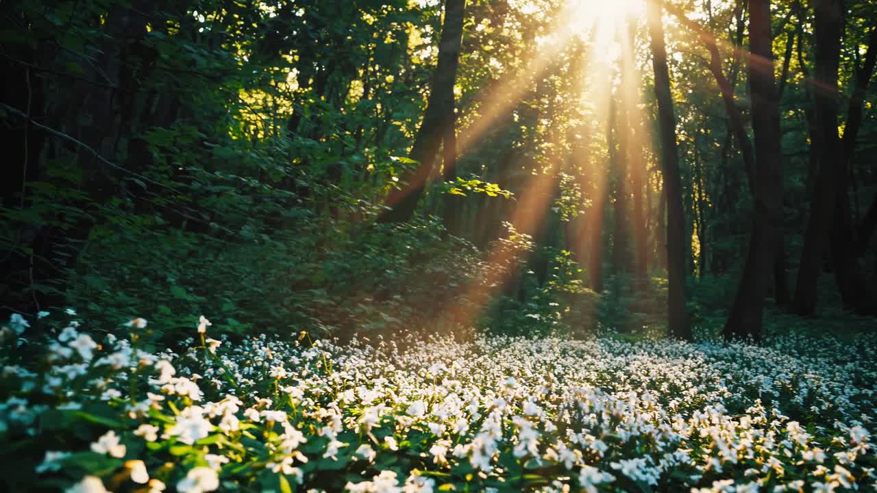 Sunlight filters through a lush forest canopy, illuminating a carpet of white flowers