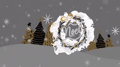 animación del texto de noel sobre los árboles de navidad