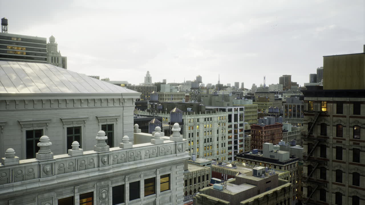 Urban skyline with historical architecture in a bustling city at twilight