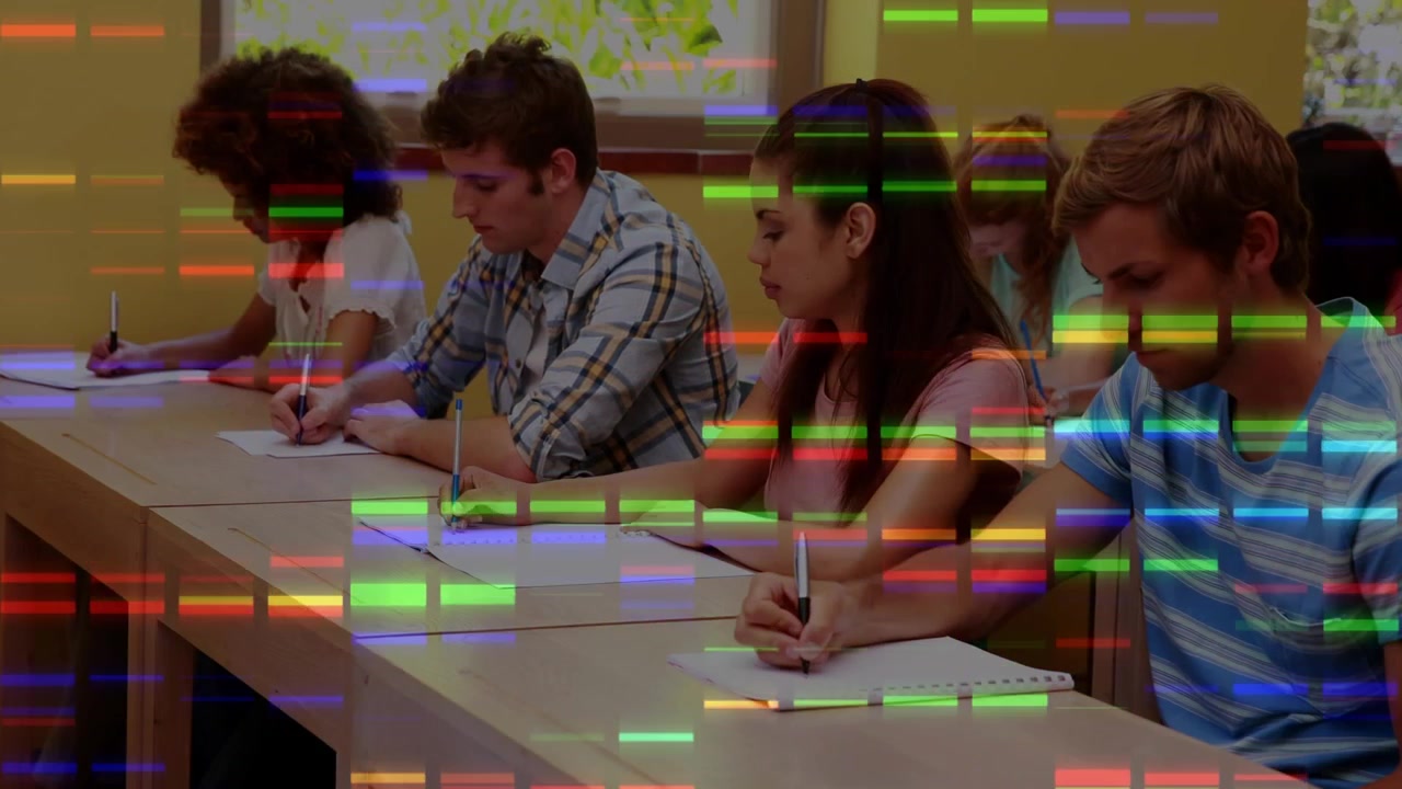 Students Writing in Notebooks in Classroom with Digital Glitch Effect