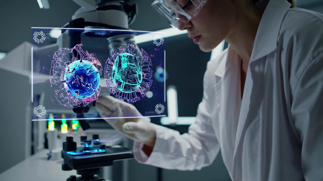 A scientist in a lab coat examines holographic data at a microscope