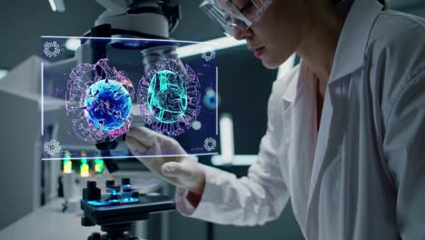 a scientist in a lab coat examines holographic data at a microscope