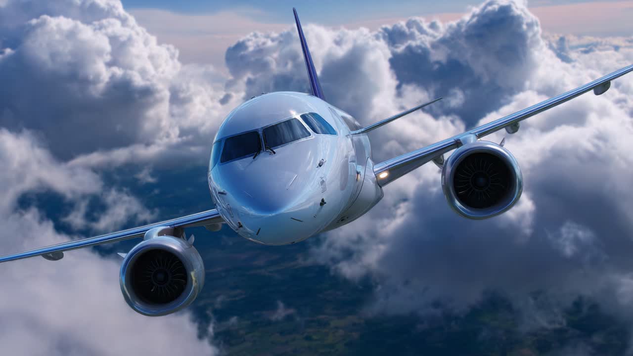Uma aeronave moderna sobrevoando um céu vibrante repleto de nuvens fofas, exibindo seu design elegante e motores potentes em uma impressionante vista aérea