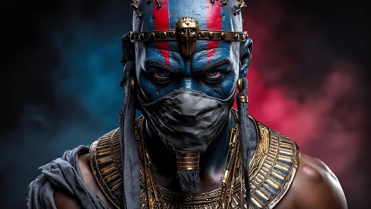 A man wearing a mask with a red and blue face paint