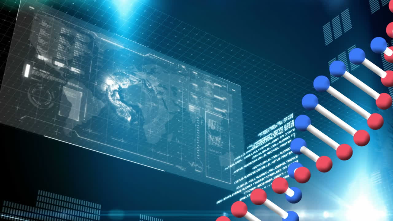 세계 지도를 배경으로 화면 위에 회전하는 이중 나선 dna 가닥의 애니메이션