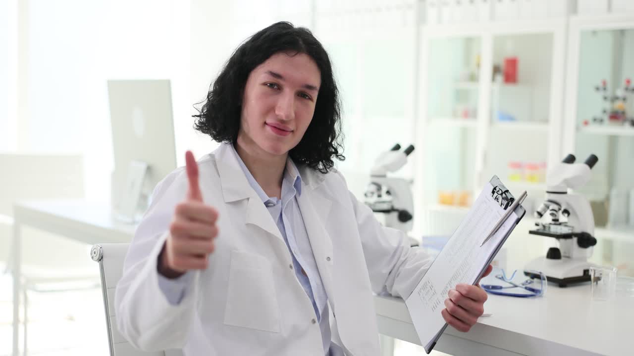 Scientist giving thumbs up in laboratory