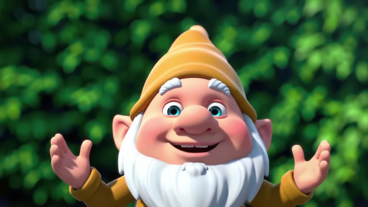 A cheerful animated gnome with a bright smile and vibrant eyes, radiates happiness in a lush green environment, embodying joy and whimsy in a captivating scene