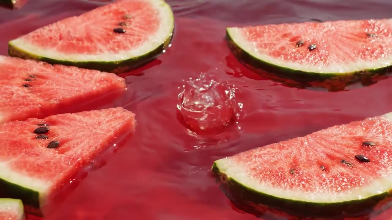 Fette di anguria rinfrescanti che galleggiano su gelatina rossa vivace, mostrando una dolce delizia estiva e un'invitante piacere visivo in una giornata di sole.