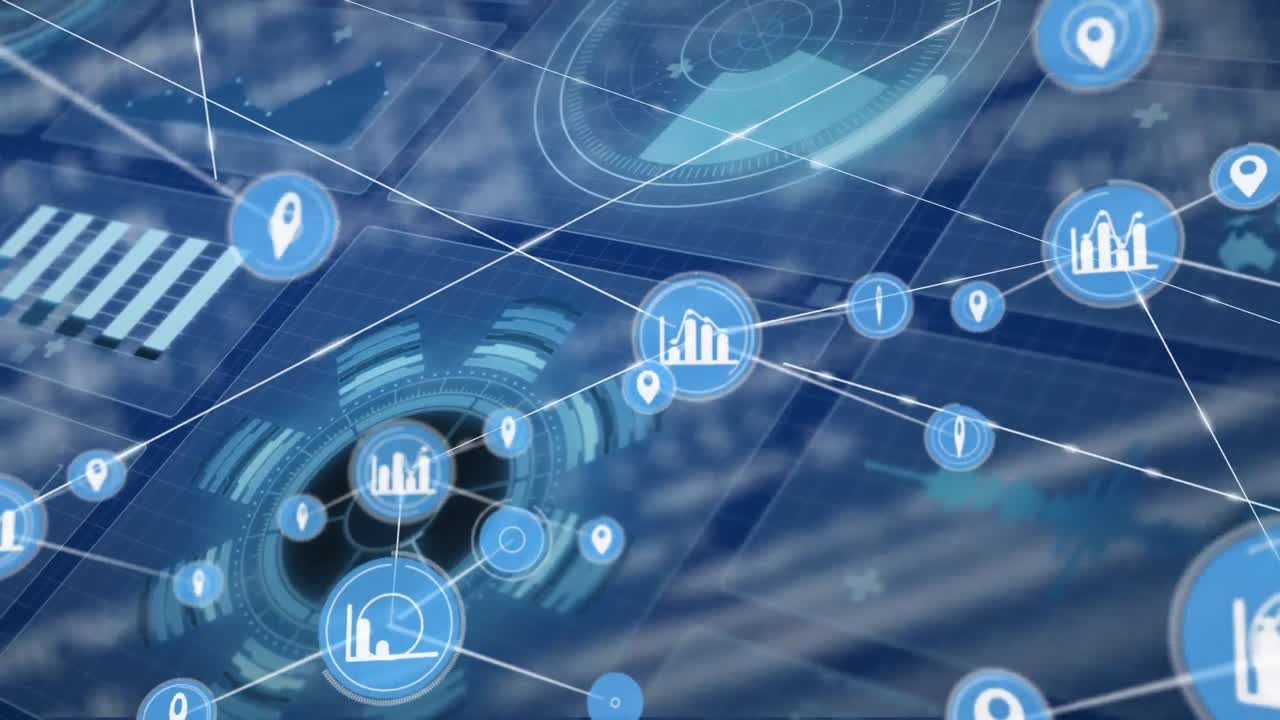 red de iconos digitales contra la interfaz digital con procesamiento de datos en fondo azul