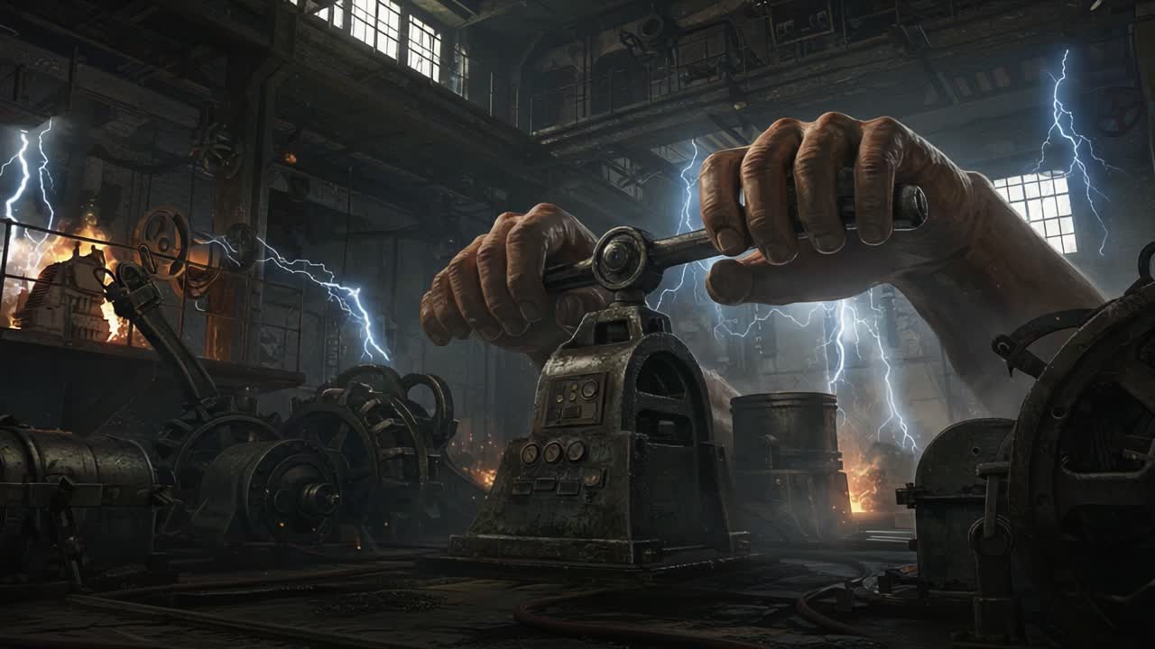 In a striking industrial landscape, powerful hands manipulate a heavy lever amidst a storm of sparks and energy, illuminating the raw engineering of a forgotten workshop