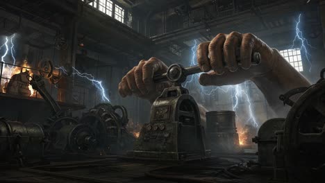 in a striking industrial landscape, powerful hands manipulate a heavy lever amidst a storm of sparks and energy, illuminating the raw engineering of a forgotten workshop
