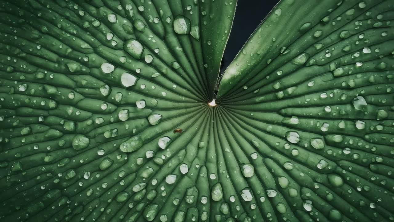 Telecamera che si avvicina con lo zoom a una foglia di ninfea all'ombra, rivelando goccioline, una spaccatura a V e una macchia marrone.
