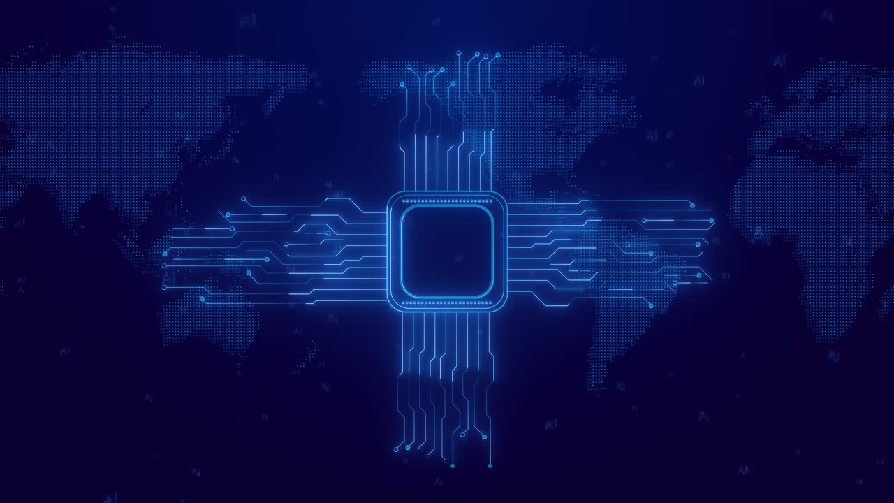 Digital abstract ai circuit board background technology connected blue lines with electronics