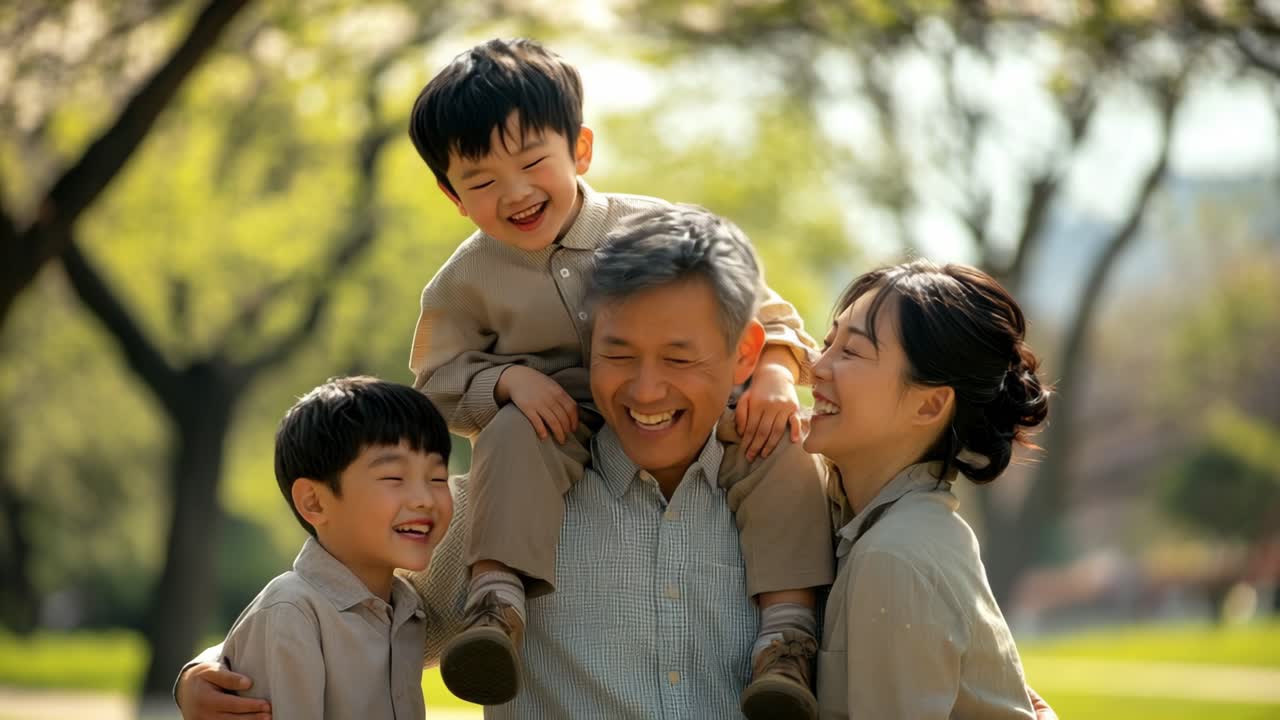 A joyful family scene captured at eye level, featuring a grandfather with grandchildren in a park