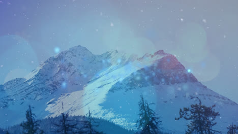 Digital-animation-of-blue-glowing-spots-of-light-against-landscape-with-mountains-and-trees-in-night