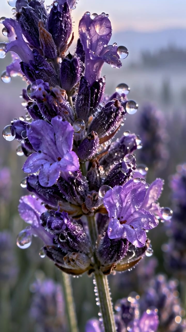 Goccioline d'acqua scintillanti si aggrappano a petali di lavanda e boccioli testurizzati, mentre la composizione si stringe da una spiga di fiori a una vista ravvicinata e intima, con una delicata luce dorata sullo sfondo