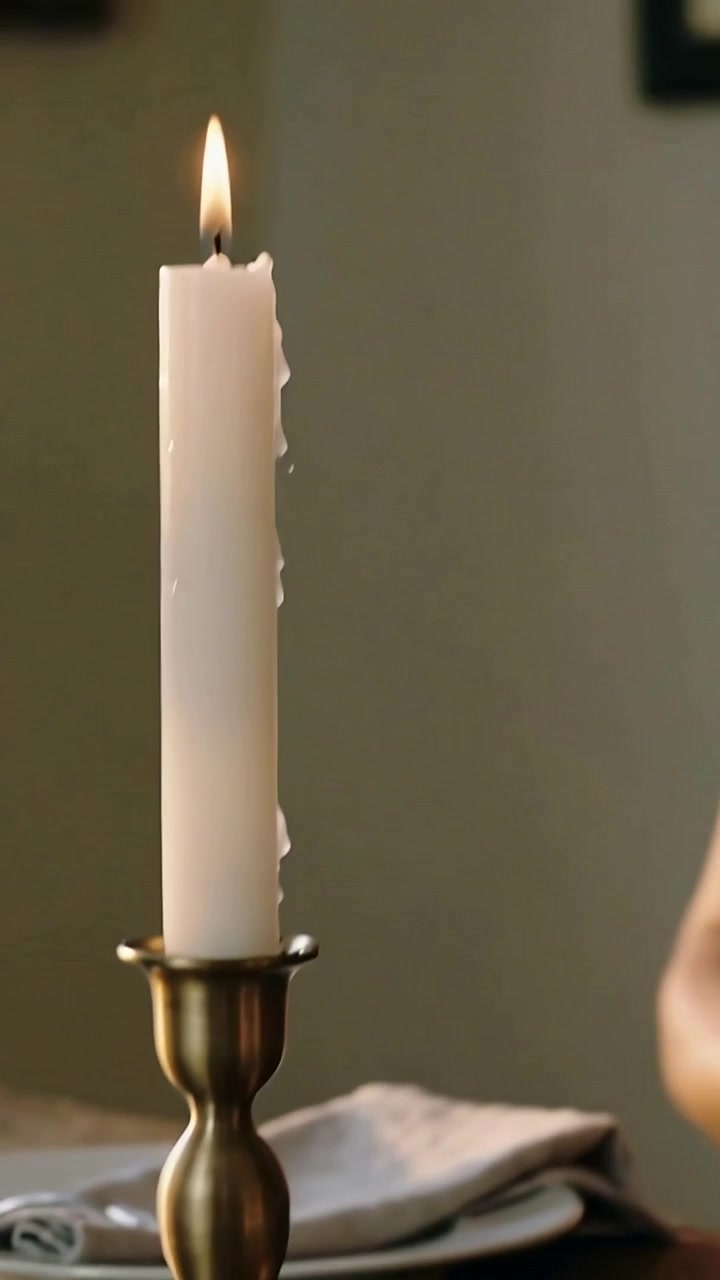 Video verticale: Donna con top floreale accende una candela in un candeliere con un accendino a tavola per cenare