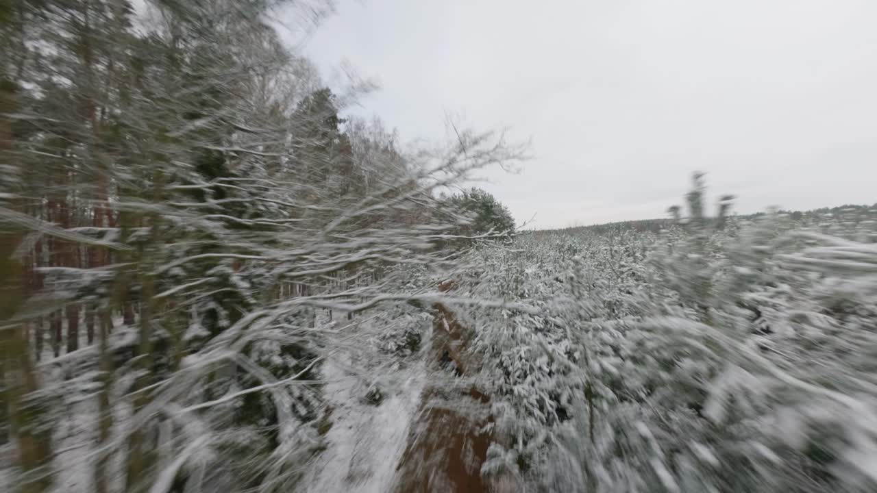 Drone fpv of Offroad atv riders speeding in middle of forest in winter season