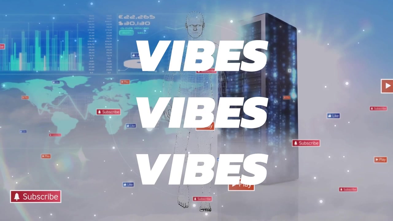 Animation of vibes texts and media icons over server, world map, digital human and data processing