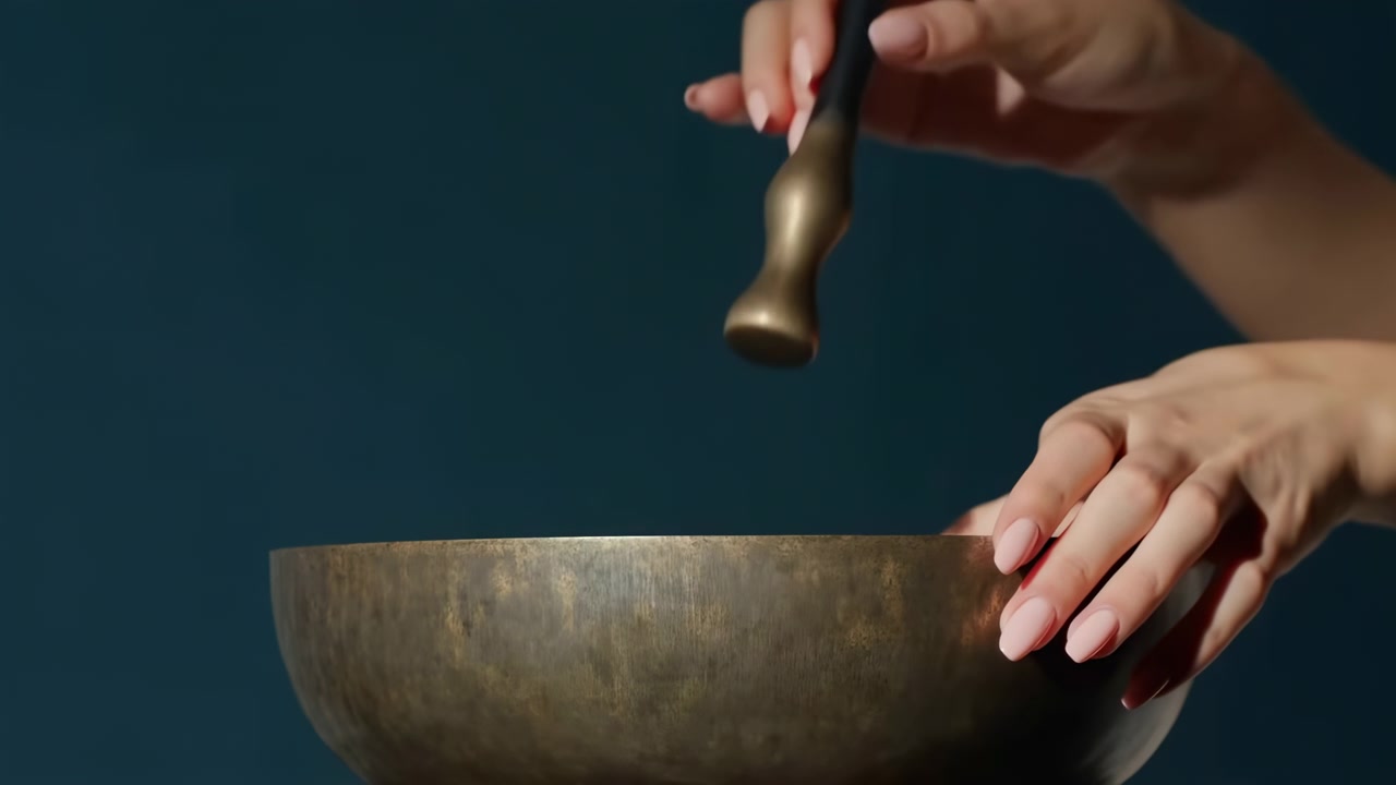 Sequenza cronologica di benessere che mostra mani femminili adulte con una ciotola tibetana di metallo su uno sfondo verde acqua scuro.