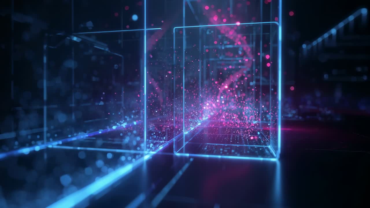 Incoming pink particle stream forming helix inside center cube in neon frames hall, lighting floor