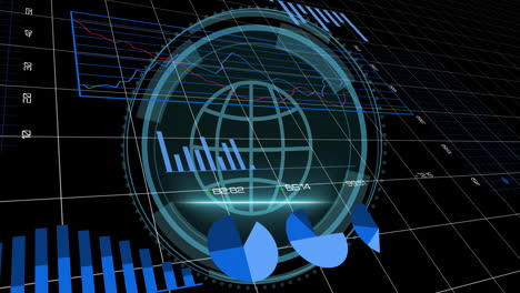 animation of statistical data processing, cyber security text and web globe icon on black background
