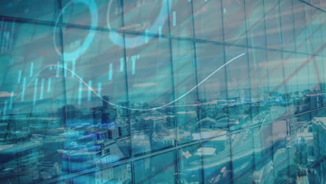 animation of stock market and statistical data processing against reflection of view of cityscape
