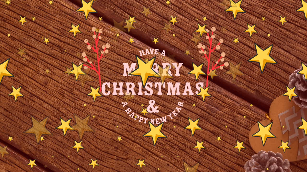 크리스마스 와 새해 인사 문자 와 나무판 위 에 떨어지는 금색 별 들 의 애니메이션