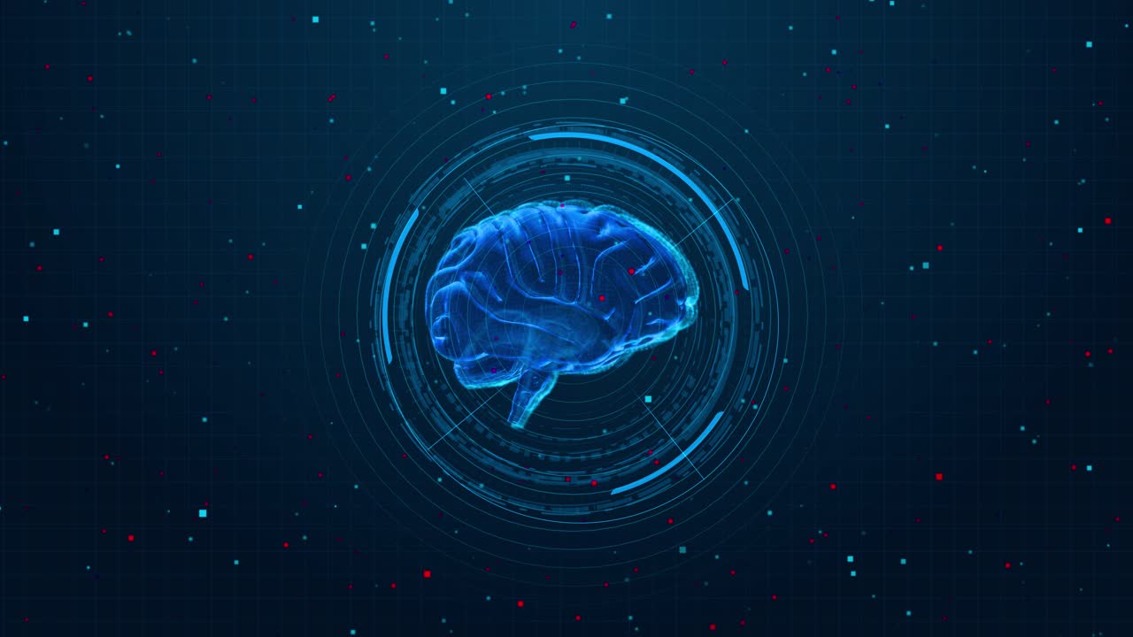 Futuristic digital brain interface animation neural network circular hud grid background artificial