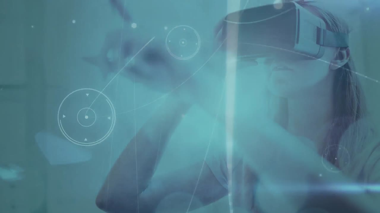 Glowing network of connections and data processing against woman wearing vr headset