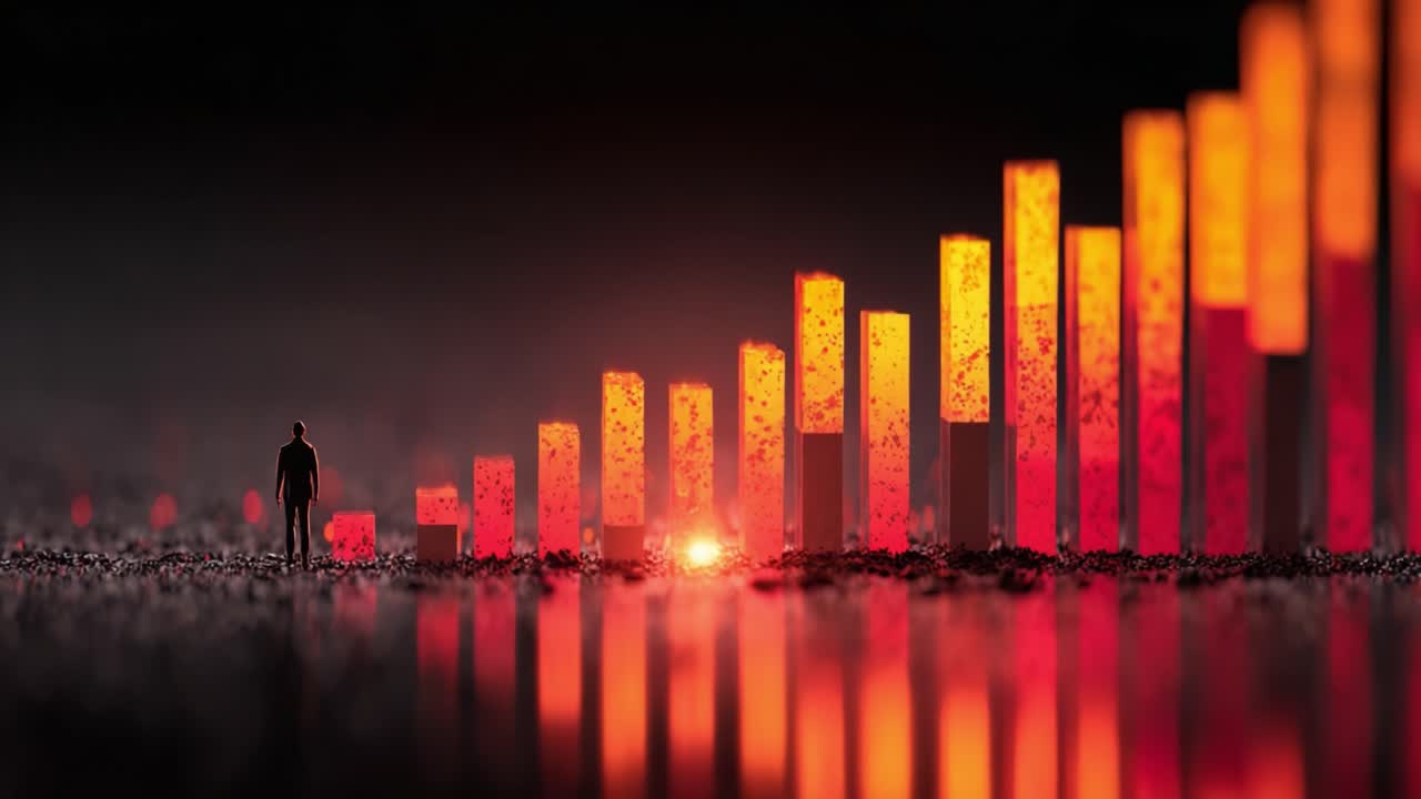 A solitary figure stands before vibrant pillars of light, reflecting the beauty of data visualization and the journey of growth amidst the colorful landscape