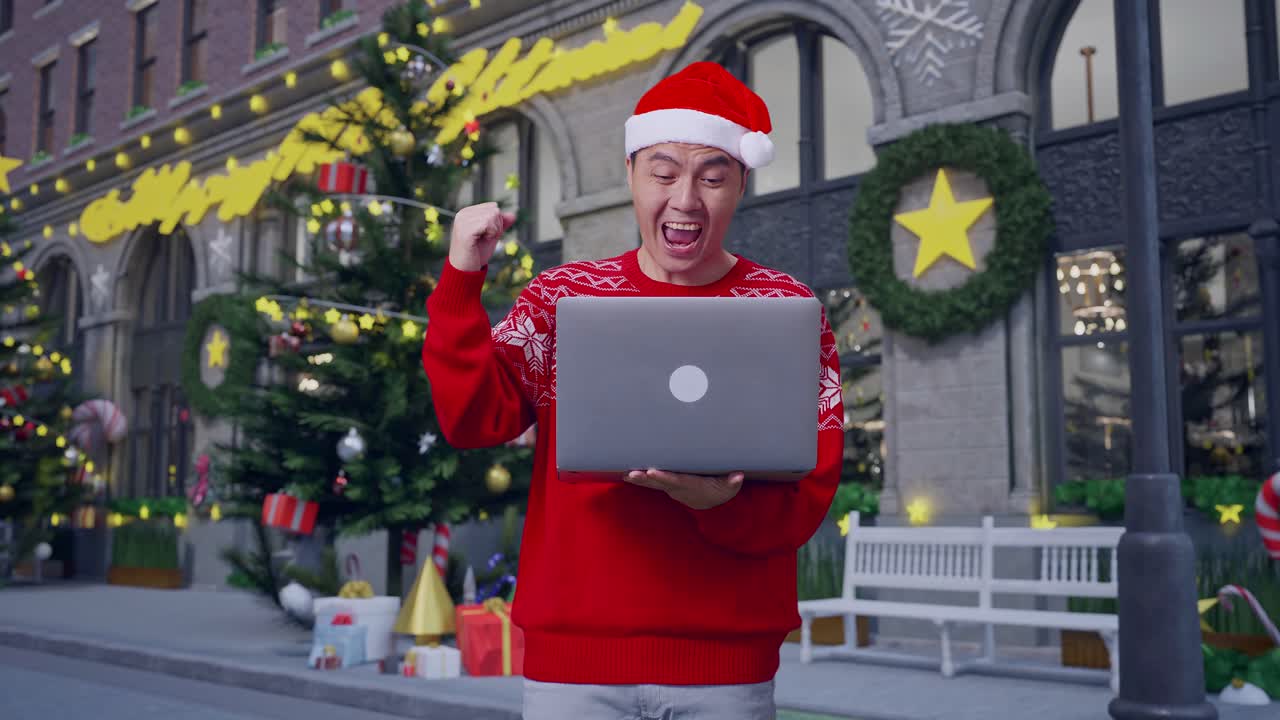 hombre celebrando la navidad éxito en línea
