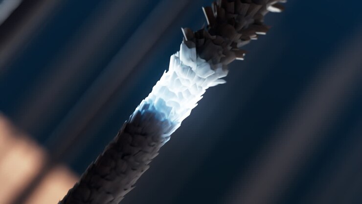 3D-Rendering-Animation zur Haarwiederherstellung, Haarreparatur durch Haarpflege, von der Wurzel bis zur Spitze des Haares, Schönheitskonzept.