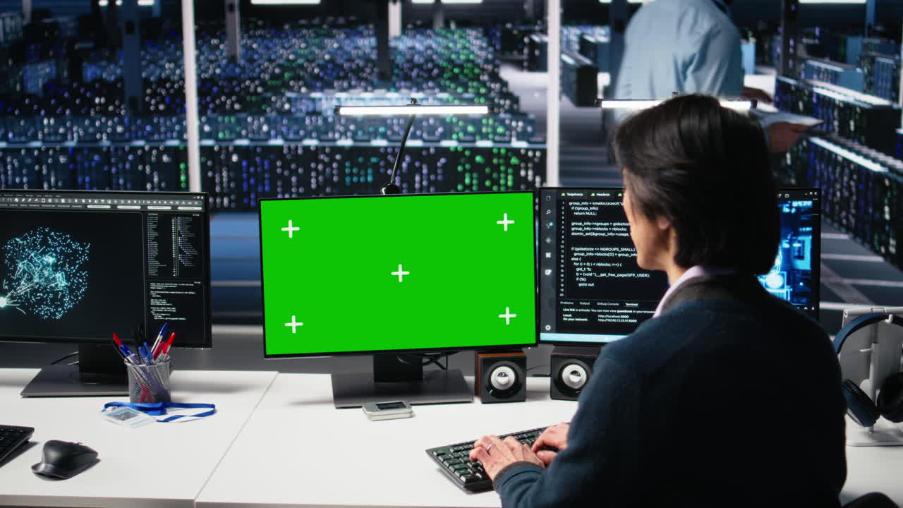 Data Center Software Developer Managing Ai Systems Using Green Screen Pc
