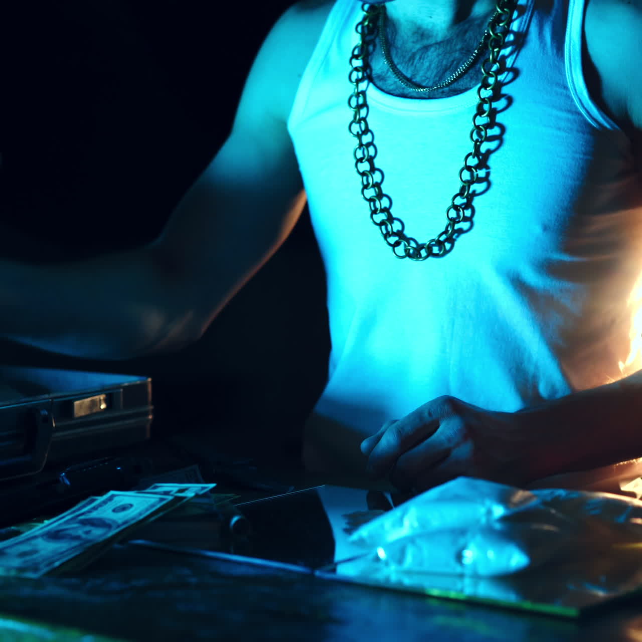 Drug addict or drug dealer with packages of heroin and cocaine. Criminal Business Square video