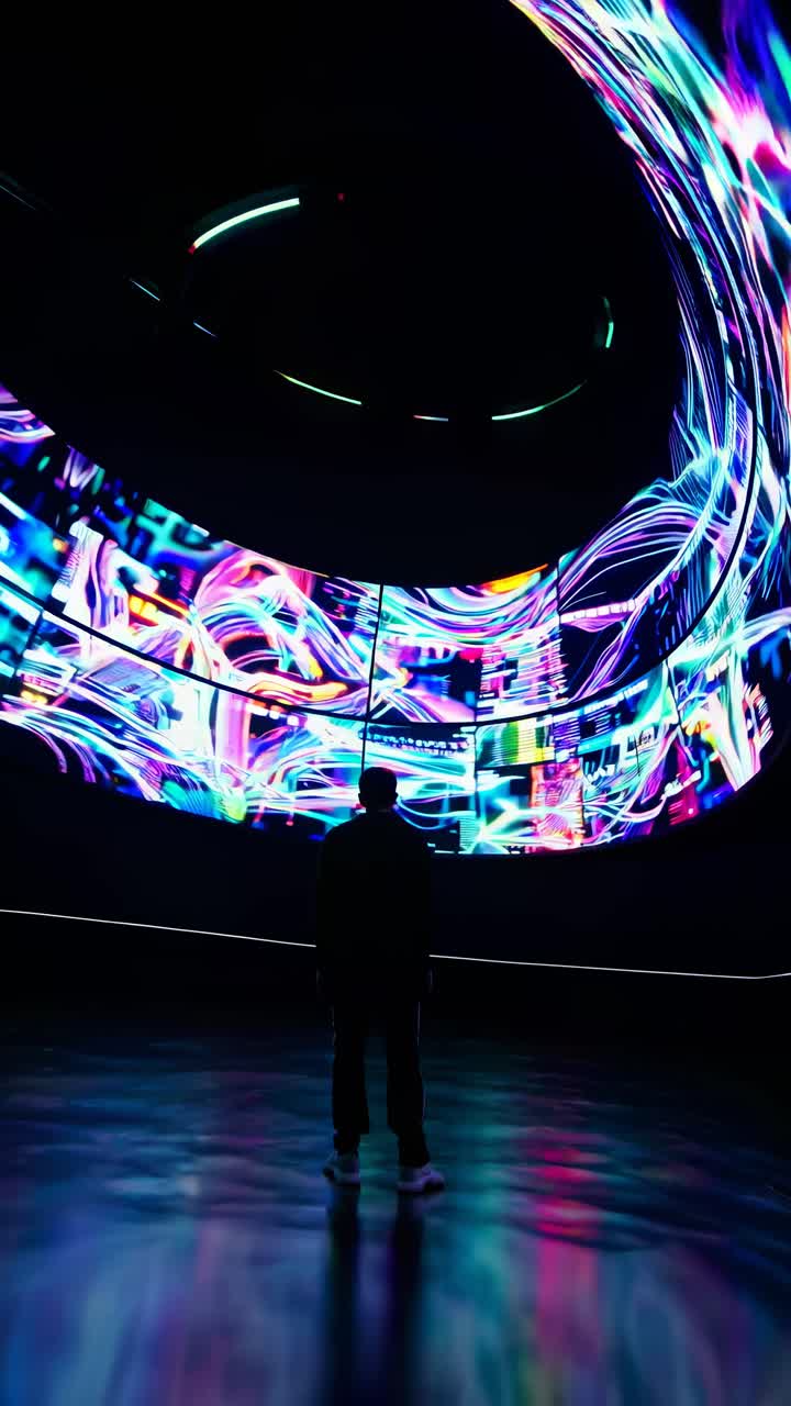 Una persona è in piedi in una stanza futuristica con schermi digitali vibranti, vista da un'angolazione bassa.