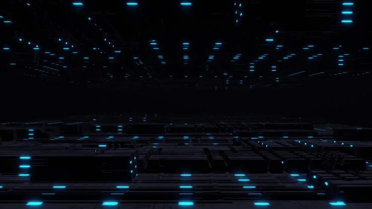 Scheda madre futuristica di fantascienza con scie luminose blu incandescenti