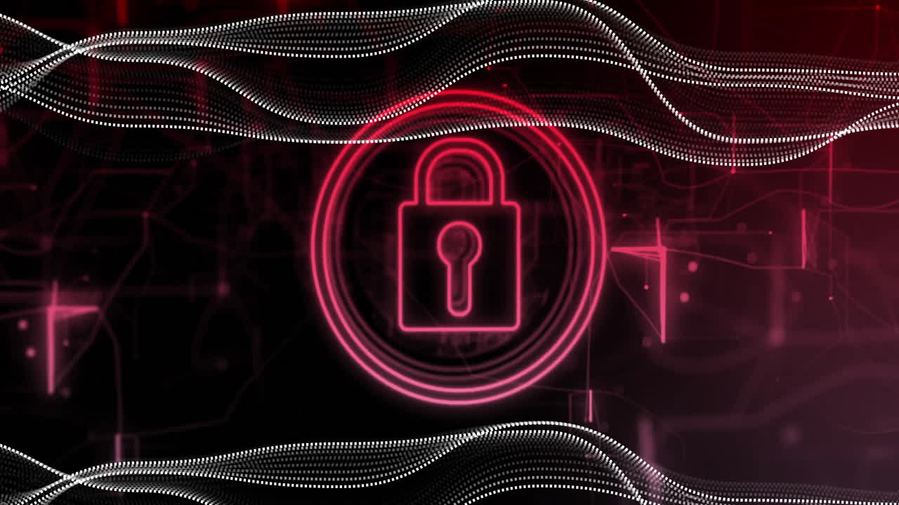 animación del icono del candado con líneas y red de conexiones en fondo negro