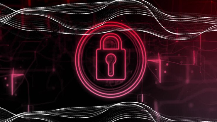 Animation of padlock icon withlines and network of connections on black background