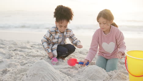 children, sand castle and friends playing