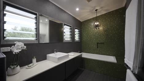 stylish dark bathroom with a green feature wall